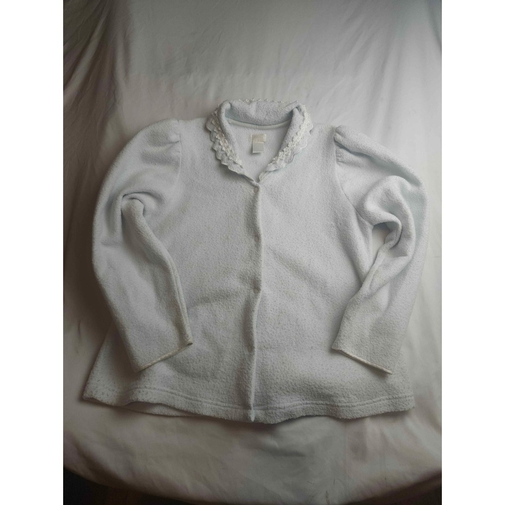 Aria Vintage‎ Blue Fleece Bed Jacket Lace Trim Button Up Sleepwear Small 8/10